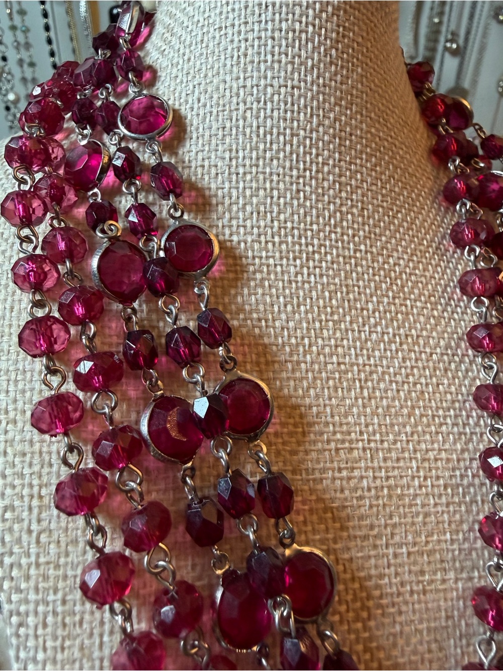 #791 Ruby Red 🌺 Multi Strand Beaded Statement Necklace 19” Silver Tone - Picture 6 of 7